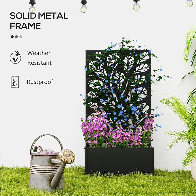 Outsunny Metal Raised Garden Bed with Trellis for Climbing Plants, Freestanding or Wall Mounted Flower Bed with Privacy Panel, Twigs and Leaves Cut-Outs Outdoor Planter Box for Garden, Patio, Balcony