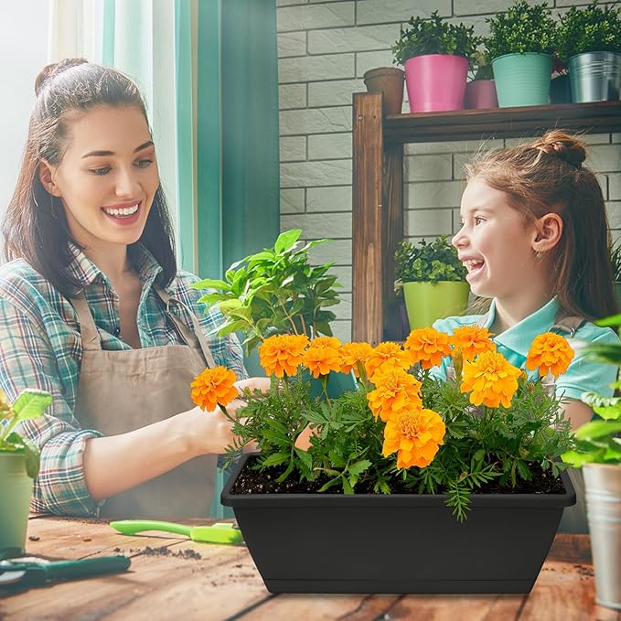 Window Box Planter, 6 Packs 17 Inches Rectangle Planters Box with Drainage Holes and Trays, Vegetable Planters for Windowsill Patio Garden Home Decor Porch Yard Dark Gray
