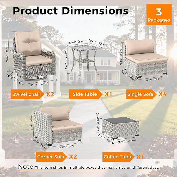 8-Seat Modern Patio Furniture Set with Swivel Rocking Chairs, Thick 4″ Cushions, Dual-Strand Wicker Rattan, Rust-Resistant Steel Frame – Outdoor Conversation & Modular Sectional,Beige