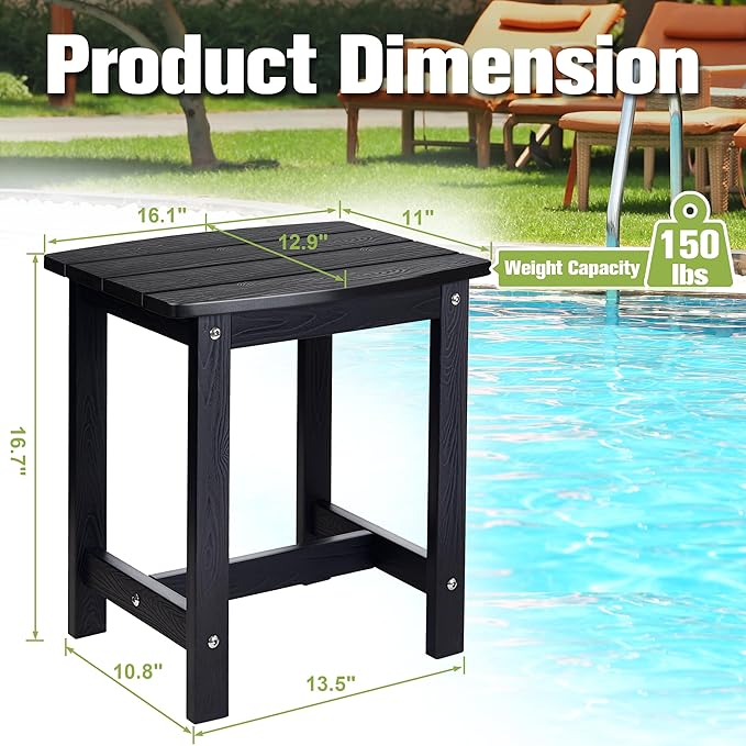 Y&M Outdoor Side Table, HIPS Adirondack Small Single Table, Waterproof Square Outside Table, Balcony Modern End Tables for Patio, Pool, Beach, Porch, Deck, Indoor or Outdoor Use, Black
