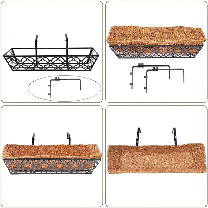 4pcs 24 Inch Window Deck with Coco Liner, 24" Window Boxes Horse Trough with Coconut Coir Liner, Metal Hanging Flower Planter Window Basket Deck Railing Planter Boxes for Outdoor Indoor Lawn