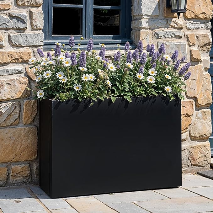 IDZO 35.4" W x 25.6" H Metal Planter Box, Privacy Trough for Patio, Rectangle Container for Outdoor Plants, Tall Large Rectangular Steel Bed for Outdoor Greens with Drainage Holes & Adjustable Feet