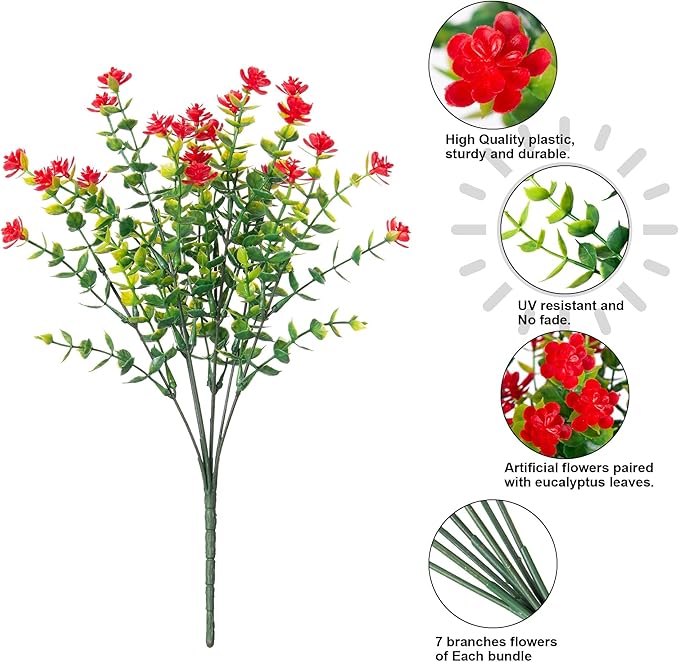 HyeFlora 20 Bundles Artificial Fake Outdoor Plants Flowers for Spring Decoration, UV Resistant Realistic Red Plastic Flowers Faux Plant Monkey Grass for Planter Home Garden Porch Patio Window Box