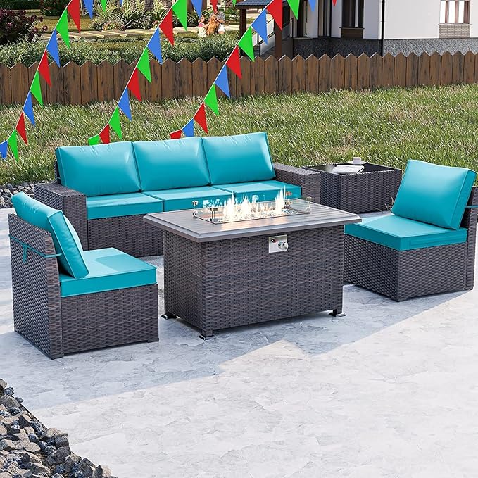 Kullavik 7 Pieces Outdoor Patio Furniture Set with 43" 55000BTU Gas Propane Fire Pit Table PE Wicker Rattan Sectional Sofa Patio Conversation Sets,Blue