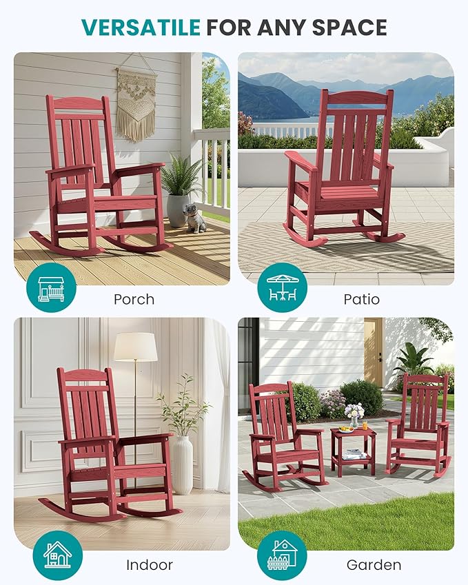 SERWALL Patio Rocking Chairs Set of 2, HDPE Outdoor Rockers for Adults, Oversized All-Weather Porch Rocking Chairs, Red
