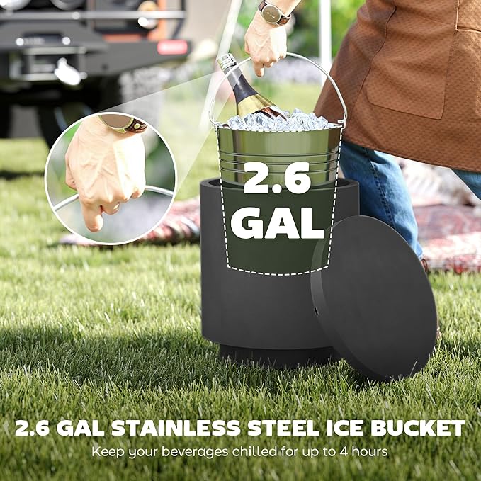 HOMCOM 2.6 Gal Outdoor Cooler Side Table, 3-in-1 Cool Coffee Table with Storage, Removable Ice Bucket and Lid, Concrete Small Patio Table for Party, Poolside, Deck, Charcoal Gray