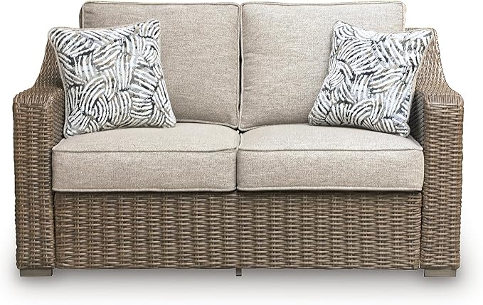 Signature Design by Ashley Carmel Bay Casual Outdoor Loveseat with Cushion, Weather Resistance and Armrest, Beige & Dark Brown