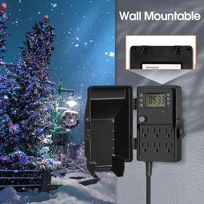 SURAIELEC Outdoor Power Stake, 7-Day Programmable Digital Timer, Power Strip Weatherproof, 6 Multi Plug Electrical Outlet Waterproof, 6FT Extension Cord for Outdoor Light, Outside Halloween Decoration