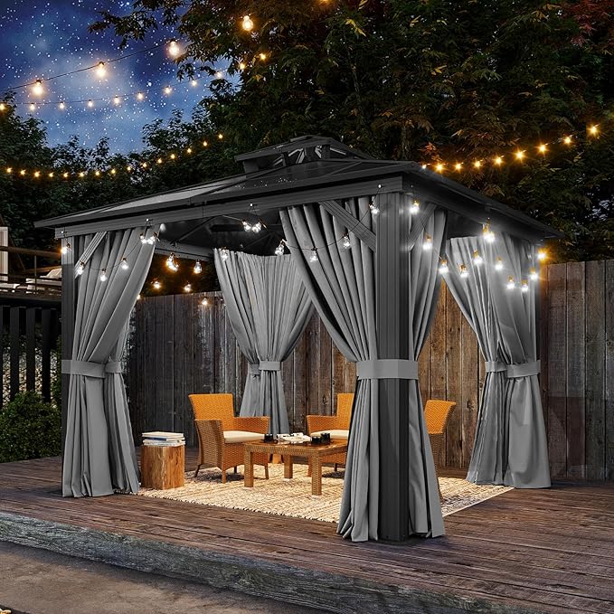 Aoxun 10'x10' Hardtop Gazebo, Outdoor Polycarbonate Double Top Canopy, Aluminum Frame Gazebo with Netting and Curtains, Sunshade for Patios, Gardens, Lawns, Gray