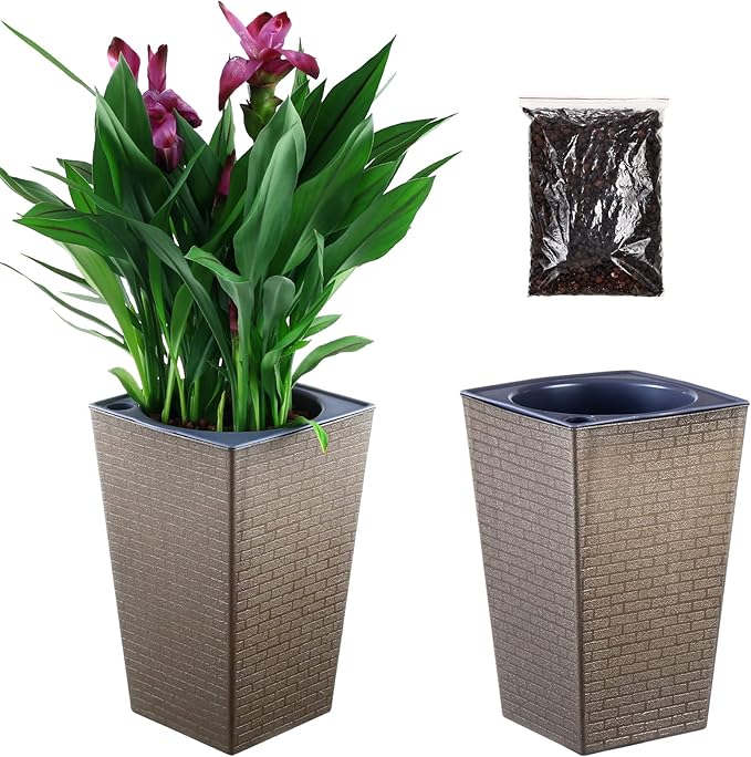2 Pack Self Watering Planters 10.7" x 6.9" Planter for Indoor Plants Self Watering Violet Pots Plastic Flower Pots Square Planter with a Bag of Clay Pebbles, Bronze