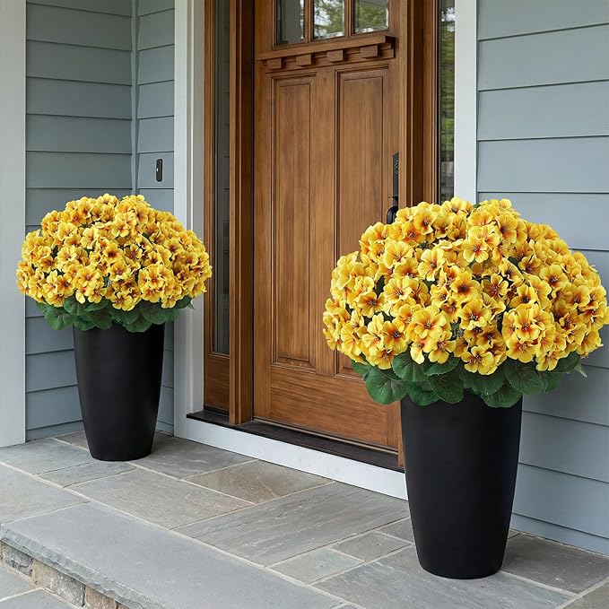2 Pack Artificial Geranium Flowers Topitary Trees for Outdoors, UV Resistant Geraniums Potted Bushes Look Real Silk Faux Plants for Front Door Garden Porch Planter Farmhouse Home Decor (Yellow)