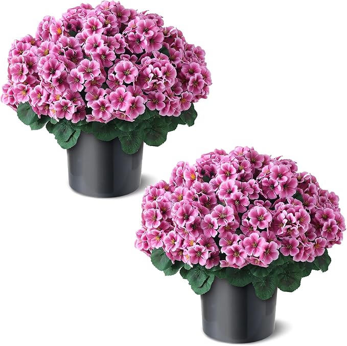 2 Pack Artificial Geranium Flowers Topitary Trees for Outdoors, UV Resistant Geraniums Potted Bushes Look Real Silk Faux Plants for Front Door Garden Porch Planter Farmhouse Home Decor (Pink)