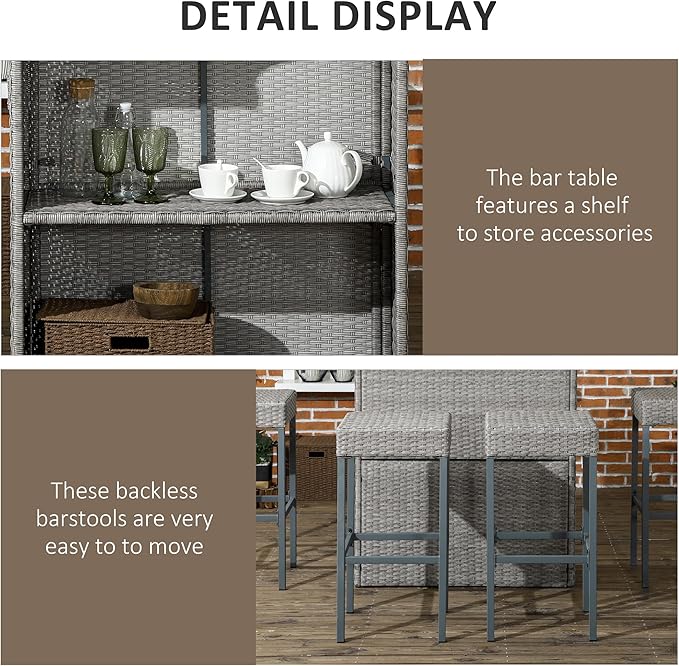 Outsunny 5 Piece Wicker Outdoor Bar Set, High Top Outdoor Table and Chairs, Bar Height Patio Set with Glass Table Top 2 Tier Storage Shelf and 4 Bar Stools for Garden, Poolside, Gray