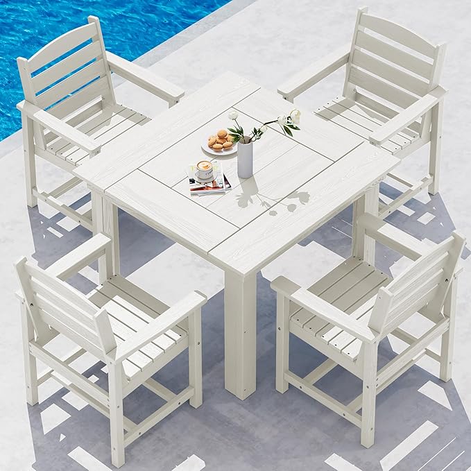 SERWALL Outdoor Dining Set for 4, HDPE Square Table and Chairs Set All Weather Patio Dining Set with 4 Classic Dining Chairs, 5-Piece Patio Dining Furniture for Deck, White