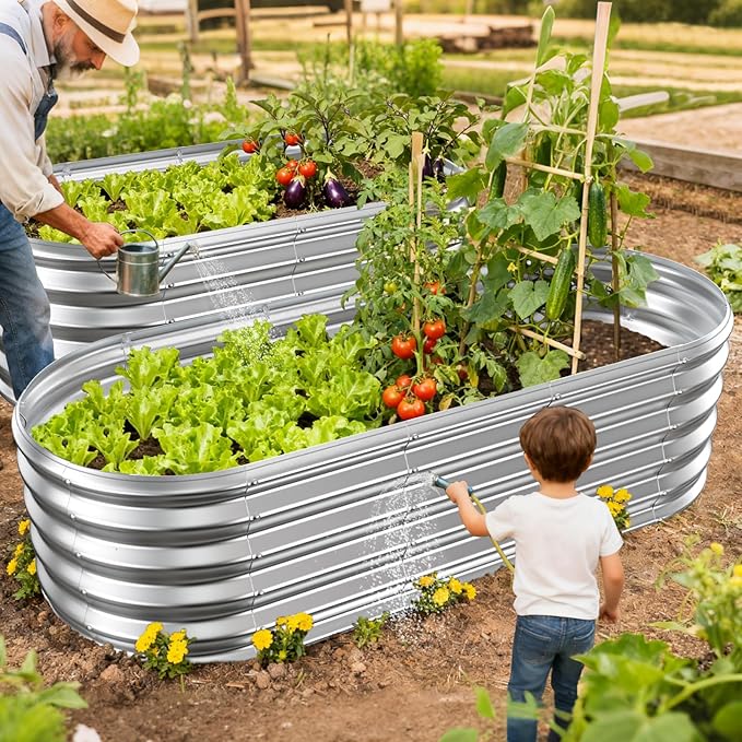17" Tall Outdoor Garden Raised Garden Bed Kits, 5ft X 2ft Oval,0.8MM Thick Metal Raised Planter Bed/Ground Planter Box for Variety of Flowers,Herbs,Vegetables (Silver, 60X24X16.5 Inches)