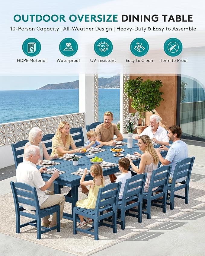 SERWALL 11 Piece Outdoor Dining Set, 84" HDPE Outdoor Table and Chairs for 10，All Weather Patio Furniture Set with Umbrella Hole for Backyard, Garden, Blue