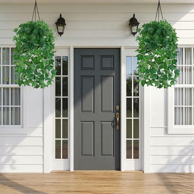 Faux Outdoor Plants Fake Hanging Plants for Outdoors Outside Decorations, 2 Pcs Green Fake Ivy Vines Realistic UV Resistant Artificial Greenery for Planters Porch Garden Yard Front Door Patio Indoor