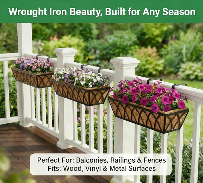Y&M 24 Inch Fence Metal Hanging Flower Planter Window Basket Deck Railing Planter Boxes for Outdoor Garden Lawn， Window Deck with Coco Liner,6pcs