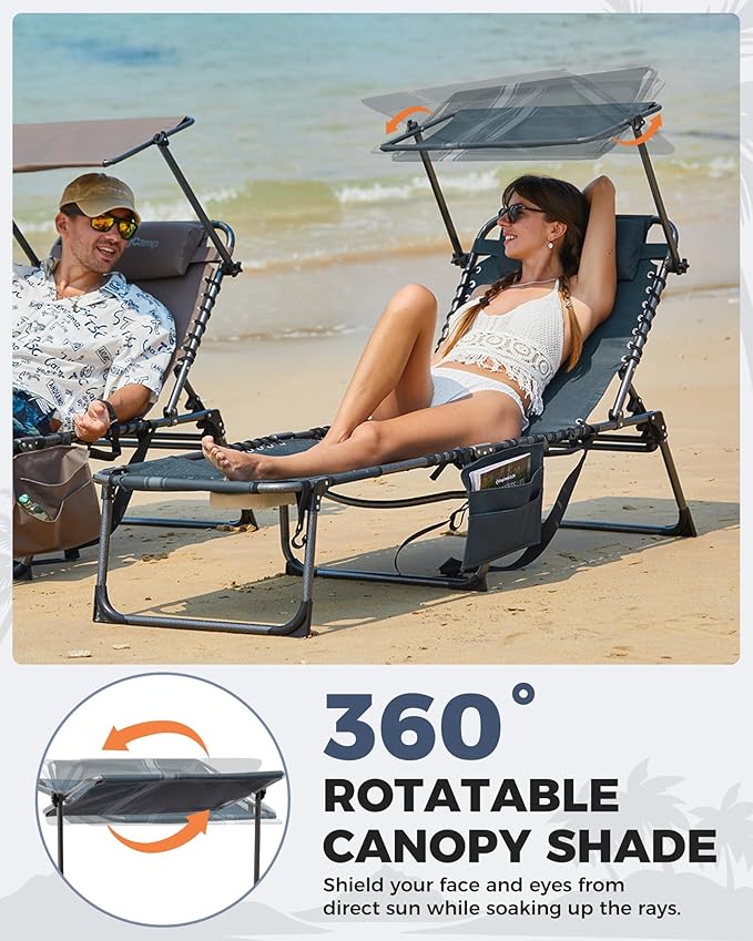 KingCamp Tanning Chair with Face Hole, Lounge Chairs Outdoor Folding Comfy Adjustable 5-Position Foldable Chaise Chaser with Canopy Shade for Outside Beach Patio, Blue/Grey