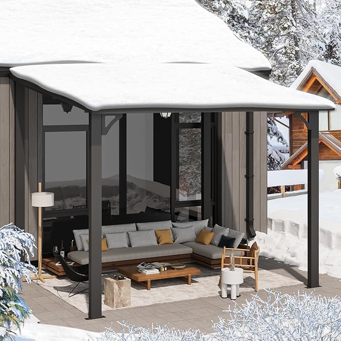 AECOJOY 10'x8' Pergola Hardtop Outdoor Gazebo for Patio, Small Heavy Duty Lean to Metal Pergolas and Gazebos Clearance, Wall-Mounted Grill Gazebo Galvanized Steel Patio Roof Awnings for Patio, Decks