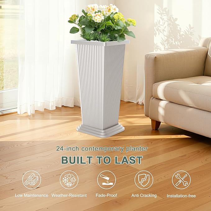 Tall Outdoor Planters Set of 2, 24" Tapered Outdoor Tall White Planter for Front Porch, Large Indoor Modern Planter Flower Pots with Tray, Drainage Holes (Ribbed)