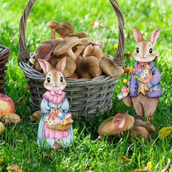 Fairy Garden Stake Decor, Acrylic 2D Garden Fairy Decoration, Fairy Garden Accessories for Outdoor Indoor Yard Lawn Pot Plants (Flower Picking Rabbit)