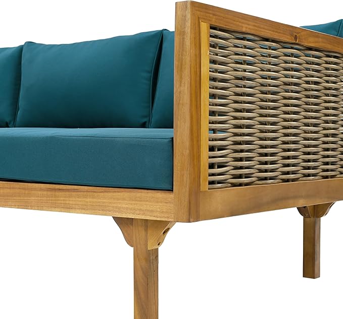 Merax 67.5" Outdoor Patio Daybed 3 Seater Sofa Bed,Acacia Wood Frame with Rattan Arm,Cushion & Pillow for Courtyard