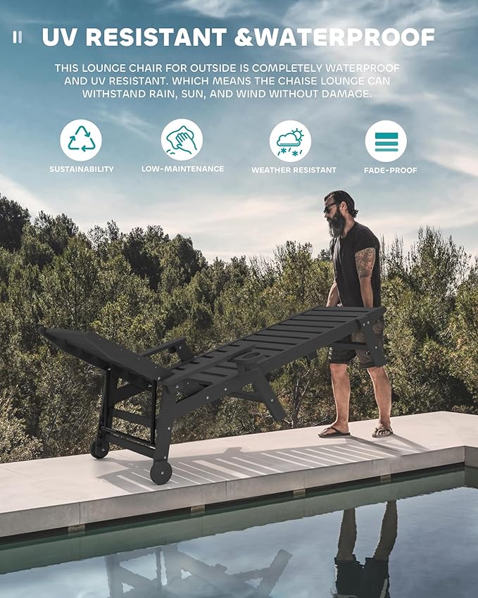 SERWALL Patio Chaise Lounge Chair Set of 6, 5 Positions Adjustable Poly Outdoor Lounger for Pool, HDPE Lounge Chair with Rolling Wheels & Cup Holder for Poolside, Deck, Obsidian Black
