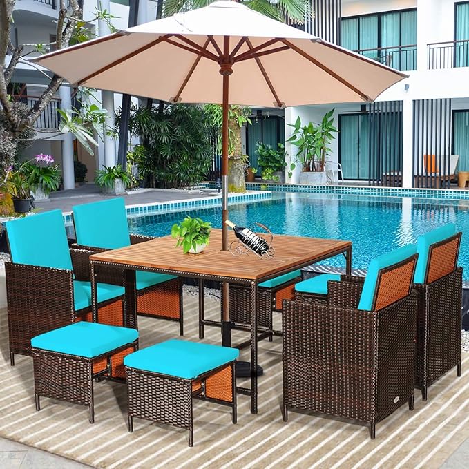 Tangkula 9 Pieces Acacia Wood Patio Dining Set, Space Saving Wicker Chairs and Wood Table with Umbrella Hole Outdoor Furniture Set, Suitable for Garden, Yard, Poolside, Outdoor Seating Set