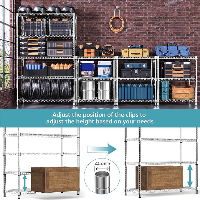1750 LBS Storage Shelves 5-Tier Utility Shelving Unit Steel Organizer Wire Rack for Home,Kitchen,Office,Garage, Capacity 17.7" D x 47.2" W x 72.3" H | Organizer Wire Rack, for Home, Kitchen, Office, Garage, 1750 LBS Capacity