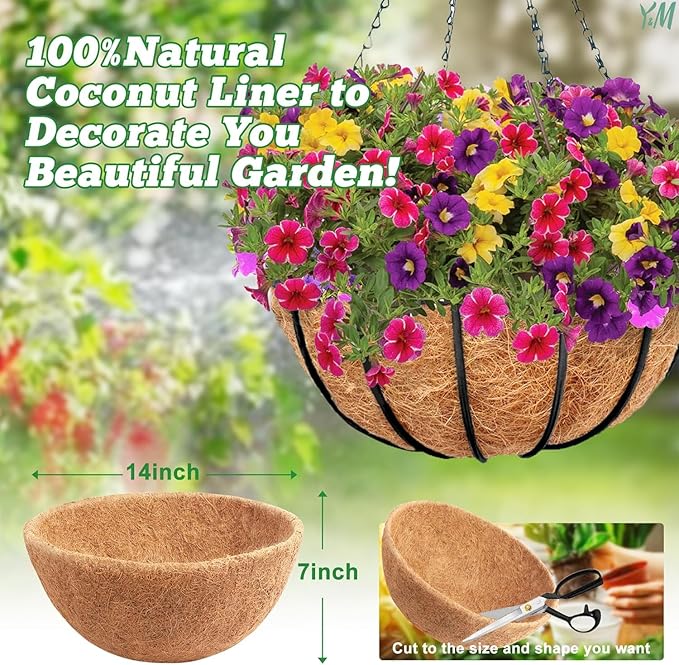 Y&M 4pcs 14“ Round Coconut Fiber Liner, 14'' Coco Liner Pre-Formed Replacement for Wall Hanging Planter Basket
