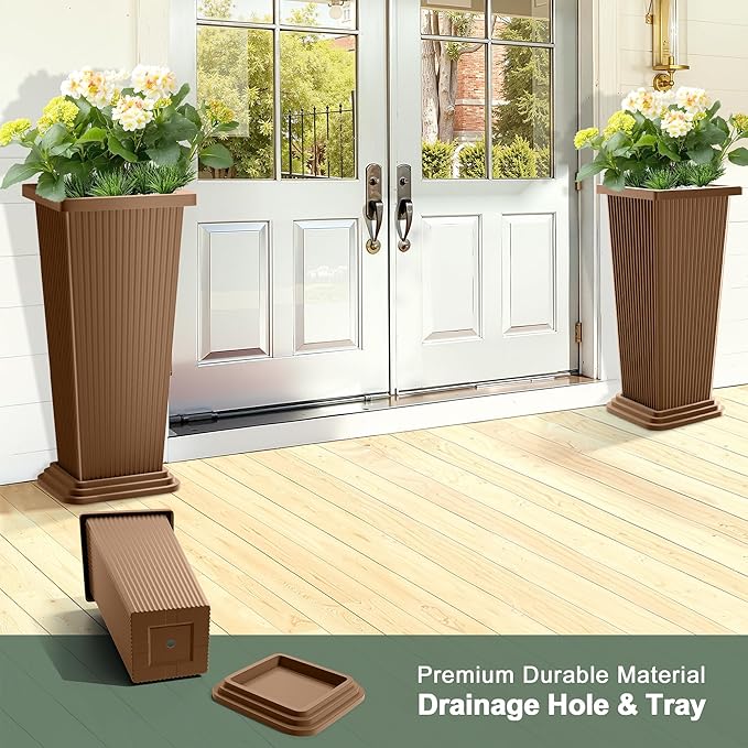 Set of 2 Large Planters for Outdoor Plants 24" Tall Tapered Modern Flower Pots with Drainage Tray for Garden, Patio, Porch (Brown Ribbed)
