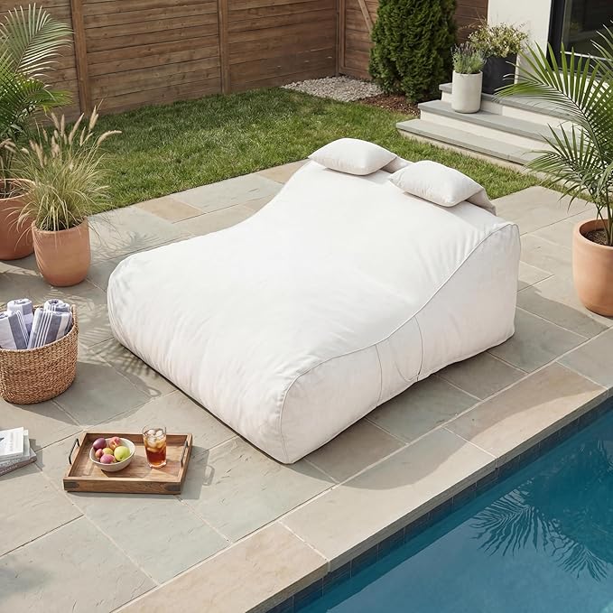 Merax Outdoor Bean Bag Chair Sun Lounger for 2 Adult, 73" Big Comfy Outdoor Bean Bag Daybed Couch with Headrest, Water-Resistant Fabric Patio Chaise Lounger Chair for Pool Balcony Beach Deck, Beige