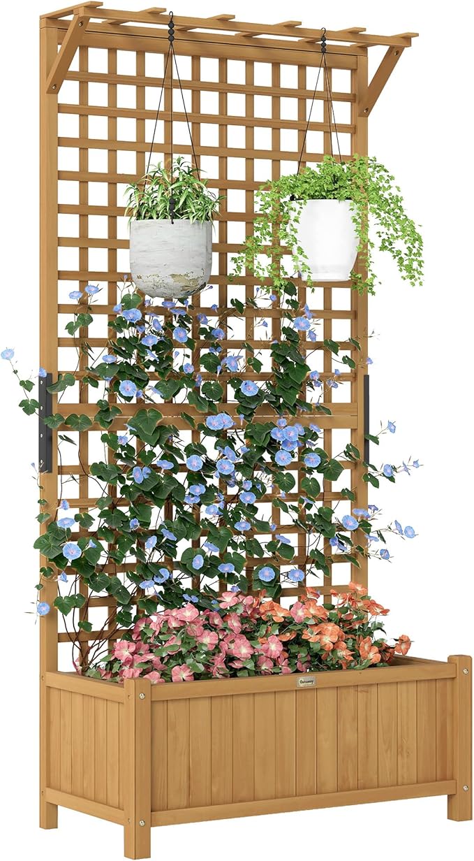 Outsunny Wood Planter with Trellis, Raised Garden Bed for Climbing Plants w/Drainage Holes and Roof, 35.5" x 17.75" x 72", Yellow