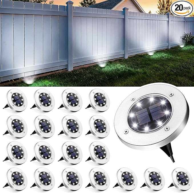GIGALUMI Solar Ground Lights - No-Drill Fence Lighting Solution, Waterproof Perimeter Lights Compatible with Wood, Metal & Concrete Fences (20 Pack Cool White)