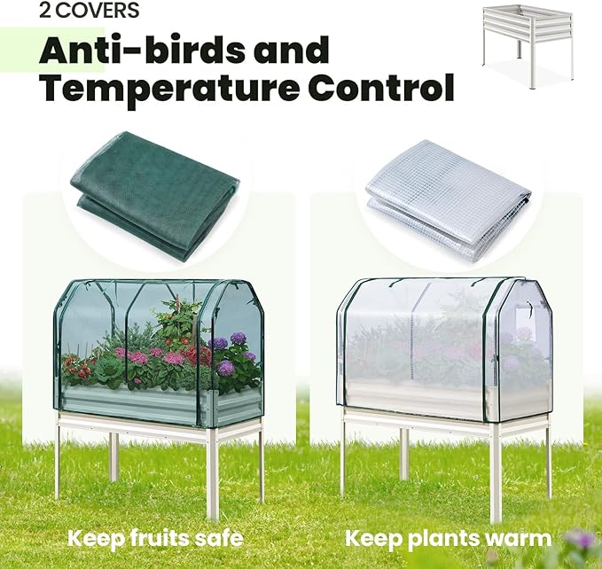KING BIRD Raised Garden Bed with Cover & Netting Galvanized Elevated Large Planter Box with Legs for Backyard, Patio, Balcony, 400lb Capacity, Beige, 48×24×56 in