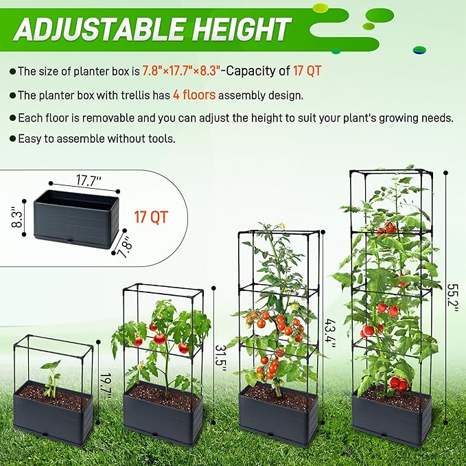 2 Packs Raised Garden Bed Tomato Planter Box with Trellis, 55.2" Self-Watering Tomato Cage with Rectangular Trellis for Climbing Plants Flowers Vegetables Vine in Patio Garden Indoor Outdoor