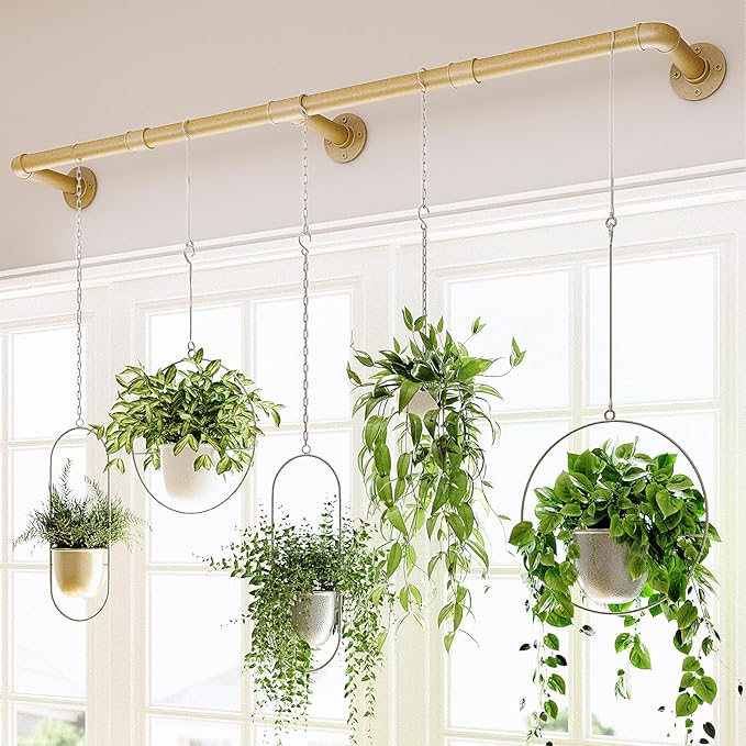 Bamworld Plant Hanger Indoor Hanging Planters for Indoor Plants Hanging Plant Holder Window Plant Rod Gold Metal Shelves 63 Inch