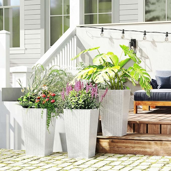 Outsunny Tall Planters for Outdoor Plants Set of 3, 24 in Taper Planters with Drainage Holes, Rattan Decor Plant Pots for Indoor Outdoor Front Porch Patio Backyard, White