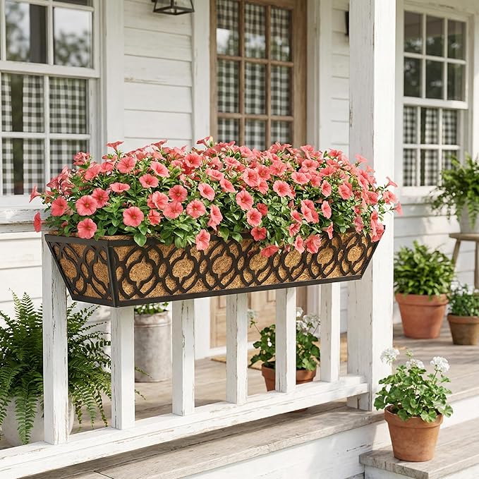 Y&M 6pcs 30 Inch Window Deck with Coco Liner, Fence Metal Hanging Flower Planter Window Basket Deck Railing Planter Boxes for Outdoor Garden Lawn,