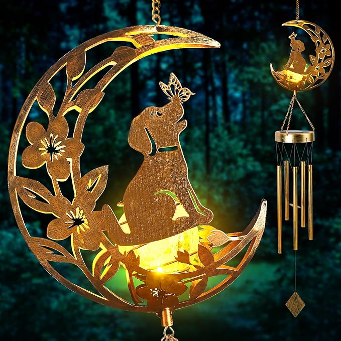 Moon Dog Wind Chime Outdoor, Handcrafted Metal Garden Wind Chimes with Dog & Moon Charms, Soothing Wind Bells for Patio Porch Decor, Weatherproof Gift for Lovers & Pet Owners