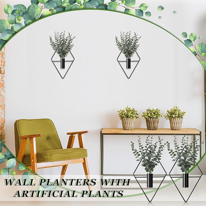 Jexine 4 Pcs Hanging Planters with Artificial Eucalyptus Metal Hanging Vase Indoor Plants Holder Modern Geometric Boho Bathroom Wall Decor for Living Room Home Office(Black)