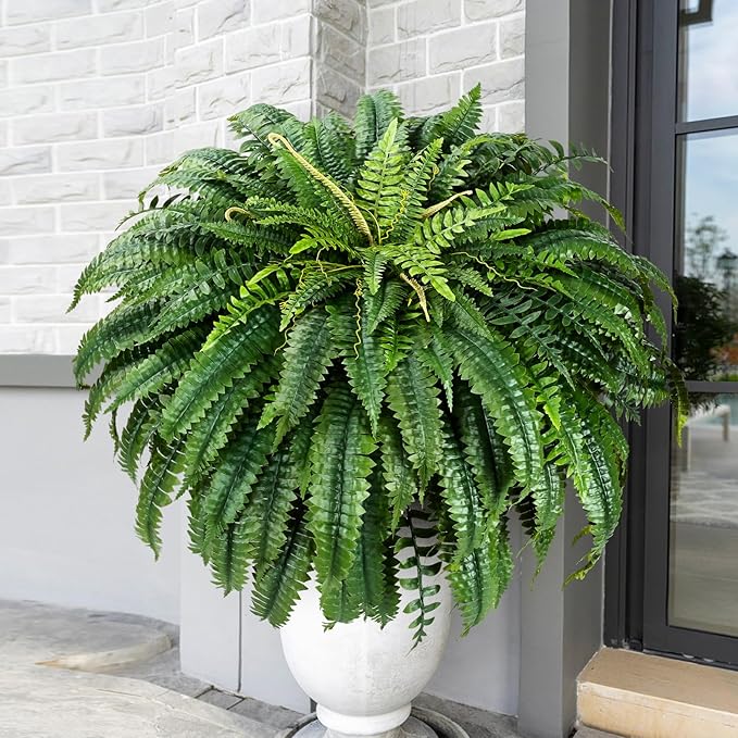 MARTINE MALL 2Pcs 48'' Fake Ferns Look Real Artificial Ferns for Outdoors, 88 Branches Large Faux Boston Fern for Outdoor Planter Realistic UV Resistant Hanging Artificial Fake Plants for Porch Patio