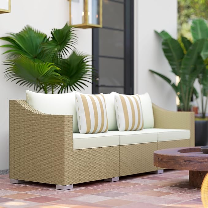 Outsunny 3 Seater Patio Sofa, Wicker Sofa with Cushions, Outdoor Furniture Rattan Couch with 2 Throw Pillows, Deep Seating, for Garden, Backyard, Porch, Cream White