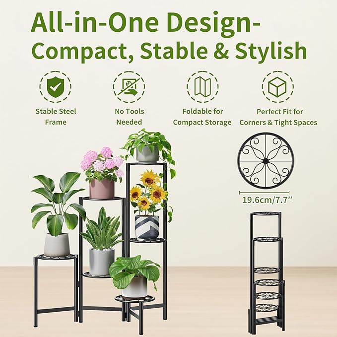 6 Tier Large Plant Stand Indoor with 7.9-Inch Wide Drainage Tray, Tiered Corner Metal Outdoor Flower Display Holder Shelf, Folding Tall Rack for House Patio Porch Balcony Graden - BlackS