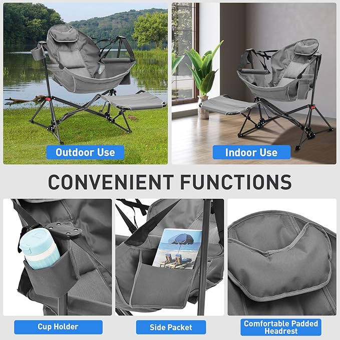Ainfox Hammock Camping Chair with Footrest, Foldable Portable Rocking Chairs for Adults Outside Swinging Camp with Cup Holder Pillow for Outdoor Patio Poolside (Light Grey)