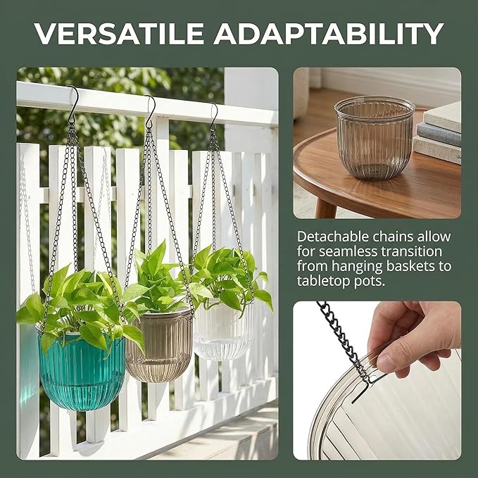 3 Pack Self Watering Hanging Planters, 6.5 Inch Hanging Flower Pot with Drainage Hole, Plastic Hanging Basket with 3 Hooks Chains, Plant Hanger for Indoor Outdoor Plants, Herbs (3 Colors)
