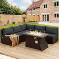 NICESOUL 6 Piece L Shape Outdoor Couch Set with Fire Pit Natural Gas/Propane, 29.3'' High Back Deep Wide Seated Patio Conversation for Deck, Wicker Patio Furniture Set, Brown Rattan and Grey Cushion