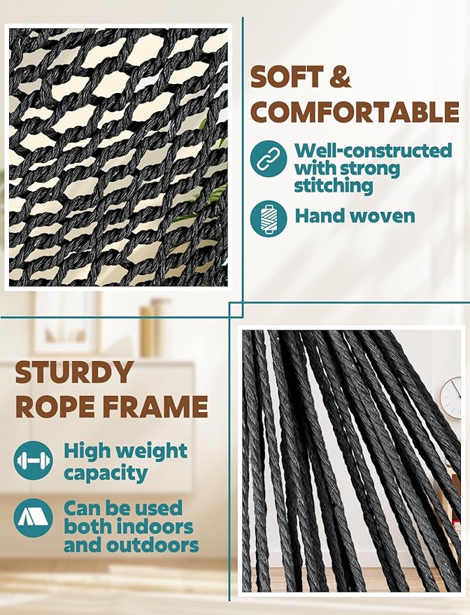 Chihee Hammock Chair Super Large Soft-Spun Cotton Rope Weaving Hanging Chair, Collapsible Strong Metal Spreader Bar Wide Seat Lace Stretch Swing Chairs Indoor Outdoor Garden Yard Theme Decoration