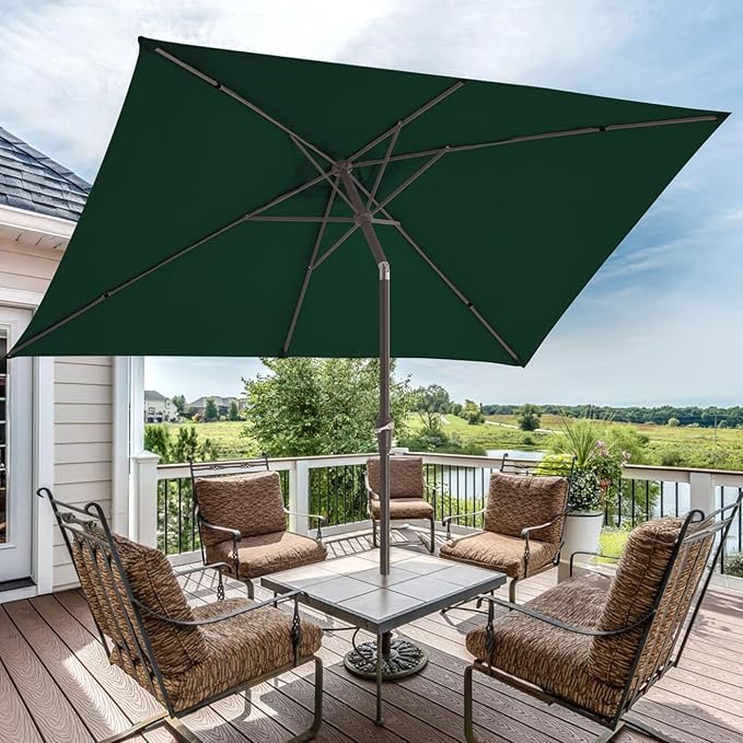 JEAREY 6.5x10 ft Rectangular Patio Umbrellas Rectangle Outdoor Umbrella with Push Button Tilt and Crank, Market Table Umbrella 6 Sturdy Ribs UV Protection for Poolside Garden Backyard Deck, Dark Green